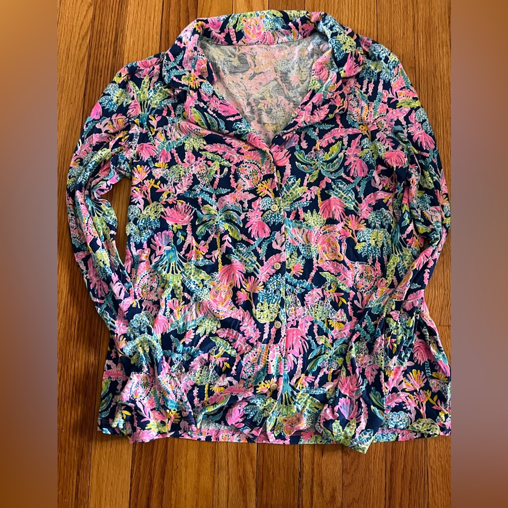 Lilly Pulitzer PJ Knit LS Button Up Top Oyster Bay Navy Seen & Herd Knit Large L
